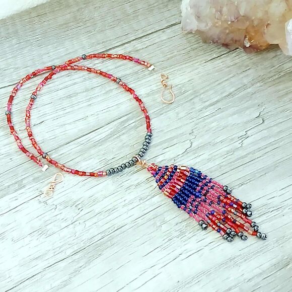 Boho Chic Beaded Fringe Cascade Choker Necklace, Artisan Statement 14.5" - Picture 6 of 7